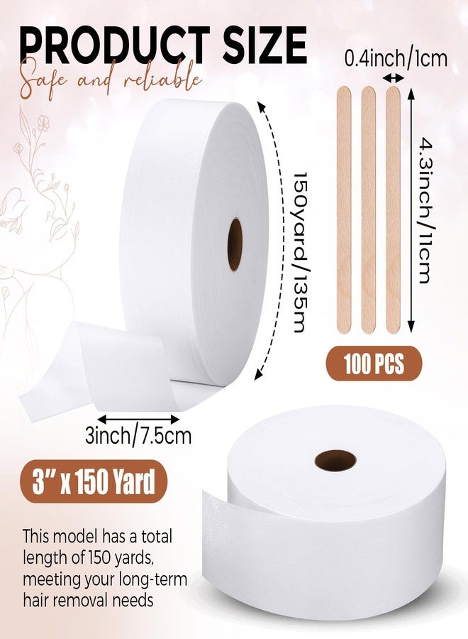 Tegeme Non-woven Wax Strip Roll, 3 x 150 Yard Muslin Epilating Roll with 100 Wood Wax Sticks White Non Woven Strip for Body and Facial Hair Removal Men Women, Tear-resistant, Lint-free - Image 2